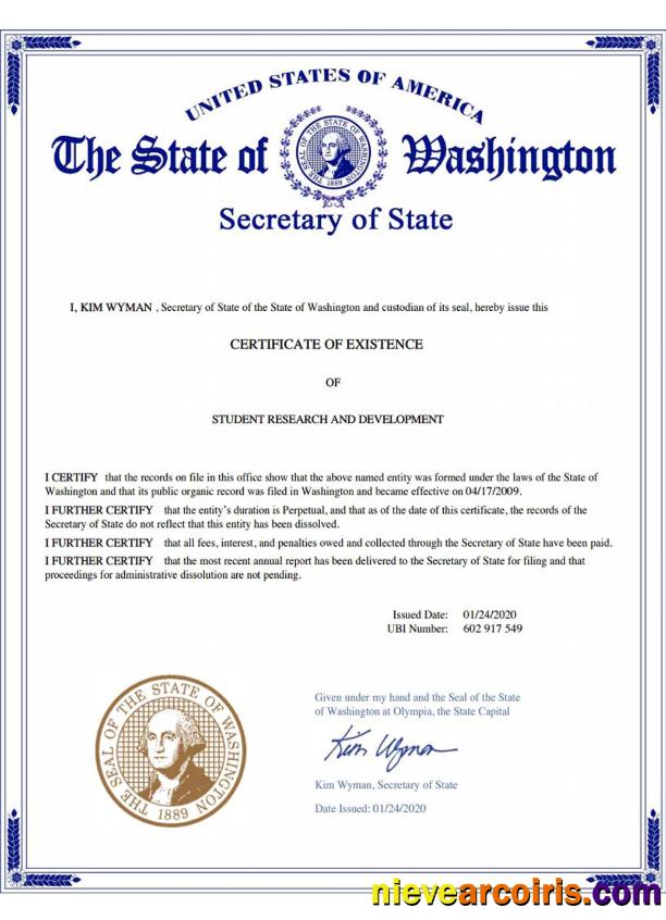 USA Washington certificate of good standing